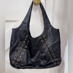 Women's Black Faux Leather Shoulder Tote Bag with Gold Accents
